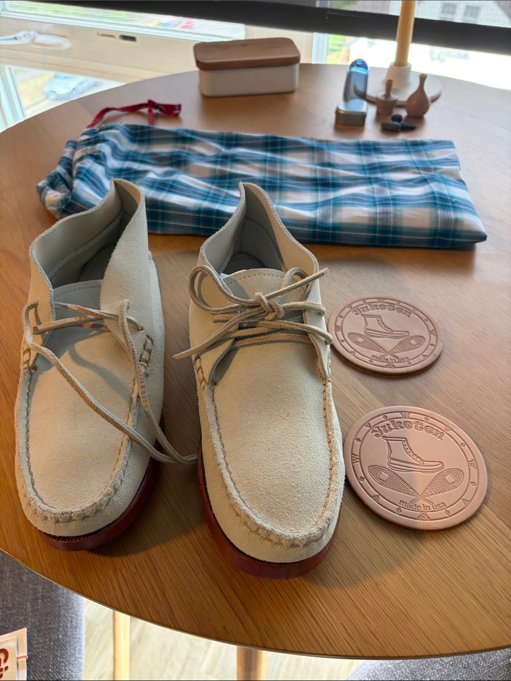 Men's Beige Suede Boat Shoes with Red-Brown Sole